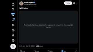 Another tweet with media disabled due to a copyright report, reinforcing claims of content suppression.