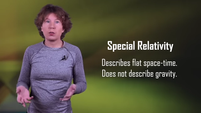 Text comparing Special Relativity (describing flat spacetime without gravity) to the reality described by General Relativity.
