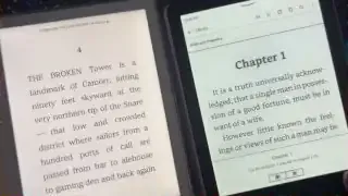 Side-by-side comparison of Kobo Libra Color and Kindle Paperwhite displays showing text at different brightness levels