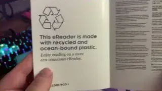 Image of a small booklet included with the Kobo, stating "This eReader is made with recycled and ocean-bound plastic."