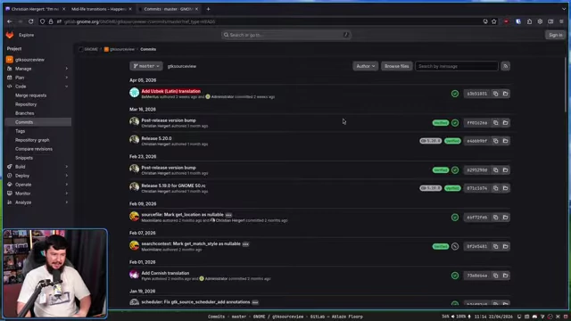 GTK Source View GitLab commit history, showing mostly translation commits and a lack of recent substantial code changes
