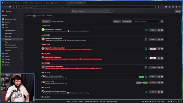 GNOME Text Editor GitLab commit history, revealing only translation work since the maintainer's departure announcement