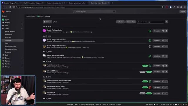 Ptyxis GitLab commit history, showing minimal core development and mostly translation activity