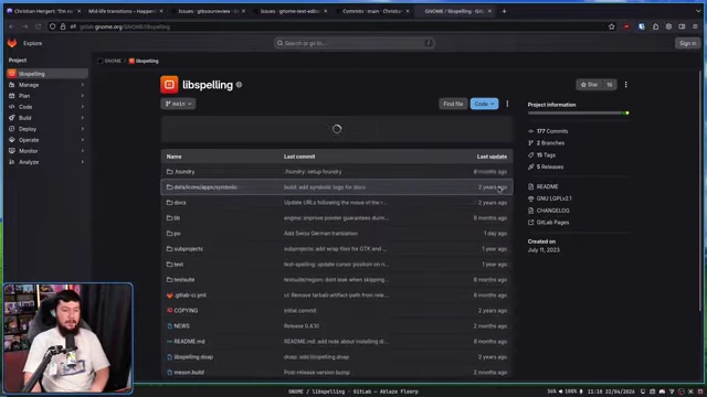 Libspelling GitLab commit history, indicating slow development with infrequent commits beyond translations