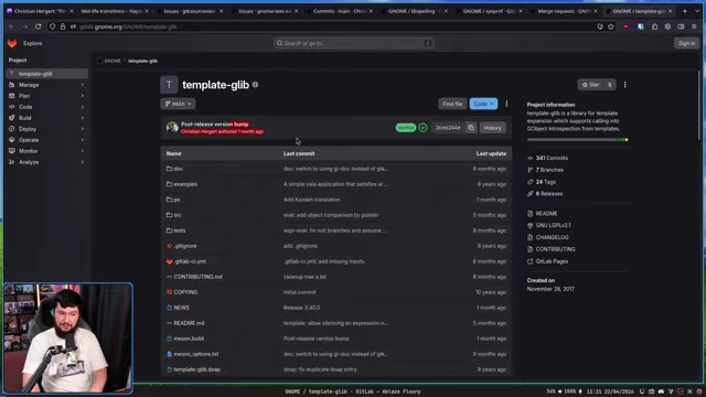 Template GLib GitLab commit history, indicating very infrequent changes with the last merge request over a year ago