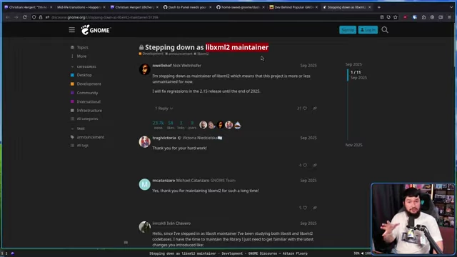 GNOME Discourse post announcing a maintainer stepping down from LibXML2