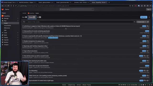 Libspelling GitLab issues, showing infrequent closed issues