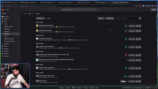 Sysprof GitLab commit history, showing a significant lack of recent non-translation commits
