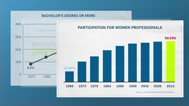 Bar chart showing the increasing participation rate of women professionals in the workforce from 1966 to 2013