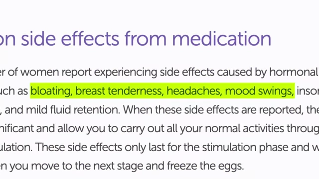Text listing common side effects from medication: bloating, breast tenderness, headaches, and mood swings