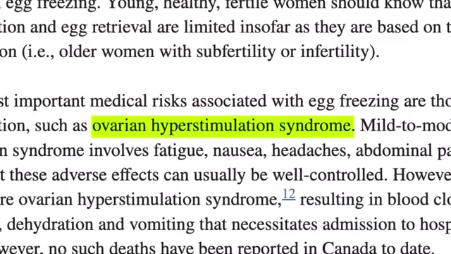 Highlighted text from a medical document mentioning "ovarian hyperstimulation syndrome" as a significant medical risk associated with egg freezing
