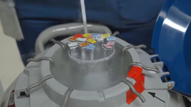 Medical professionals working in a lab, handling and storing cryopreserved eggs in specialized tanks