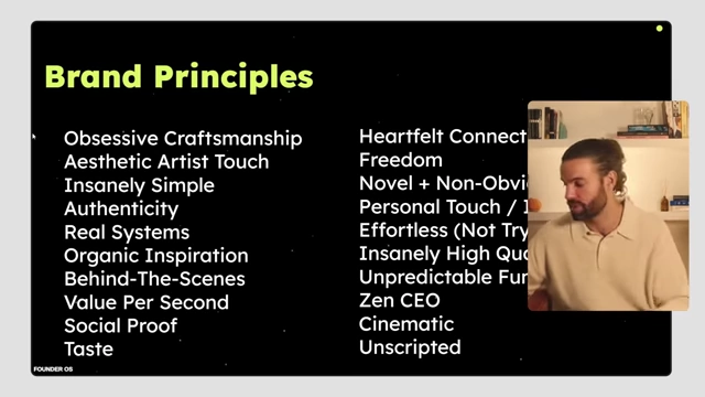 A list of "Brand Principles" including "Obsessive Craftsmanship," "Aesthetic Artist Touch," "Insanely Simple," and "Authenticity."