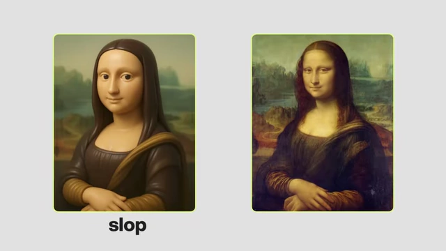 An illustration comparing "slop" (AI-generated, generic Mona Lisa) vs. "soul" (original Mona Lisa).