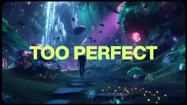 An animated visual with text "TOO PERFECT" overlaid on a futuristic landscape, highlighting AI's flaw.