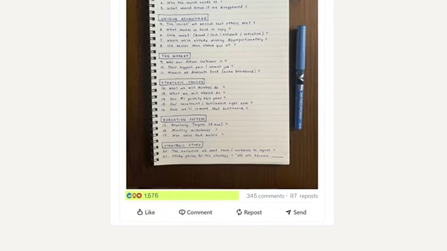A handwritten list of business strategy questions on a notebook, shared as a LinkedIn post, demonstrating organic founder-led content.