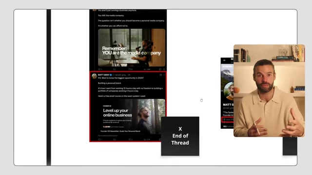 A screenshot of an X (Twitter) post by Matt Gray, showing a call to action at the end of a thread for newsletter signup.
