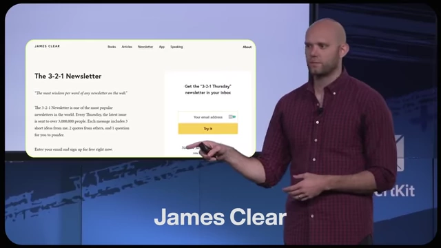James Clear presenting his "3-2-1 Newsletter" signup page, exemplifying the curator approach.