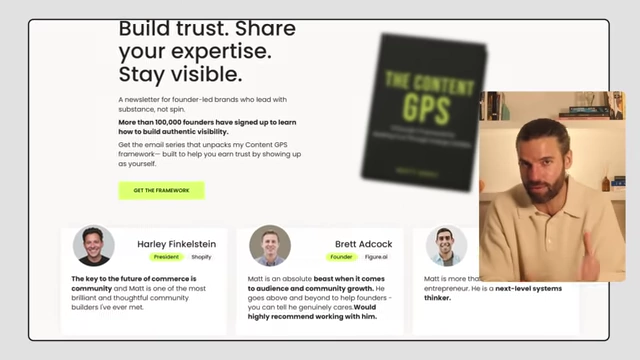 A landing page for the "Founder OS" newsletter, showcasing the systems approach to content with testimonials.