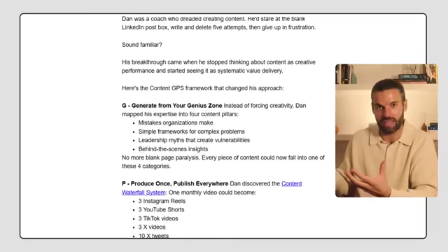 A detailed text breakdown of the "Content GPS framework" for a newsletter, including content pillars and the content waterfall system.