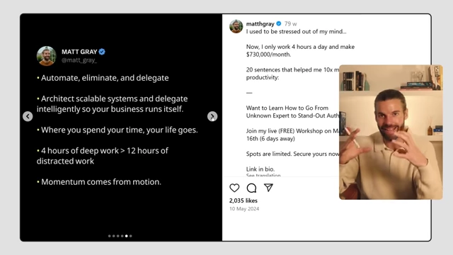 An Instagram carousel post by Matt Gray, highlighting bullet points from a longer piece of content and a Call To Action to DM.