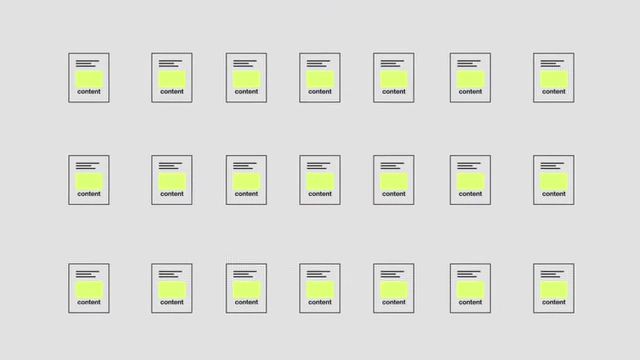 A grid of identical content boxes labeled "content", illustrating the "soup of sameness" that unique taste cuts through.