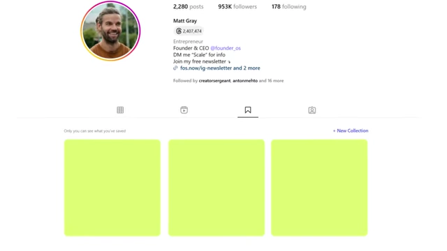 A screenshot of an Instagram profile with empty "Saved" collections, prompting viewers to curate content.