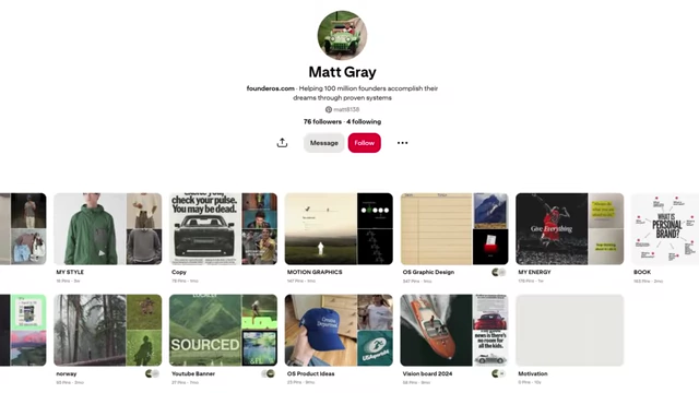 A Pinterest board showcasing various curated images defining the "Founder OS" brand's energy, aesthetics, and values.