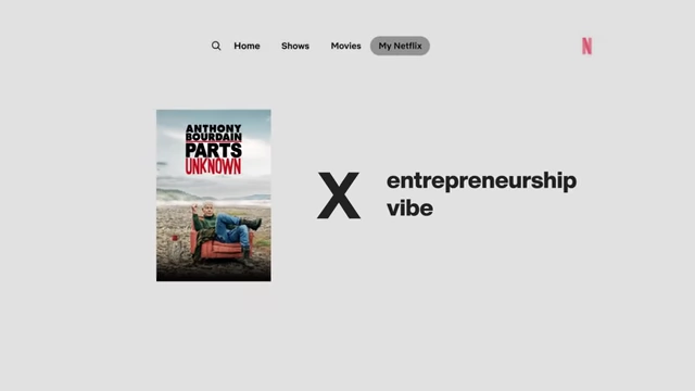 A text graphic on a Netflix screen showing "Anthony Bourdain Parts Unknown" alongside "X entrepreneurship vibe," representing an aspirational project.