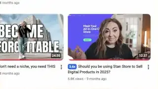 Screenshot of a YouTube video titled "Should you be using Stan Store to Sell Digital Products in 2025?" with 6.8K views, posted 9 months ago.
