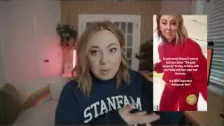 A screenshot of an Instagram Reel featuring the speaker with overlay text discussing quitting a job to start a business.
