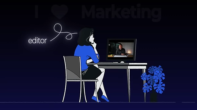 An illustration showing an editor working on a computer while the speaker is seen on the screen, representing combining marketing passion with editing skills.