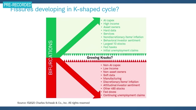 The K-shaped cycle illustrates economic bifurcations and "growing cracks."