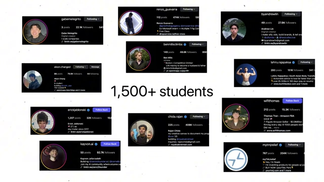 A collage of Instagram profile screenshots from over 1,500 students who used the course to grow their following.