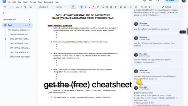 A screenshot of the course cheat sheet, detailing personal questions for video scripting.