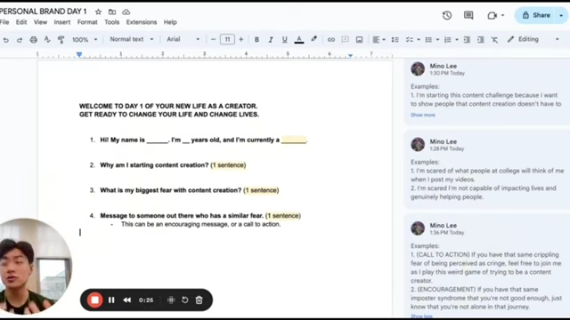 A Google Docs screenshot showing the four self-reflective questions for Day 1's video script.