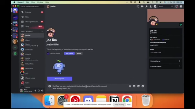 A Discord chat showing direct messages to a fellow creator, emphasizing community building.