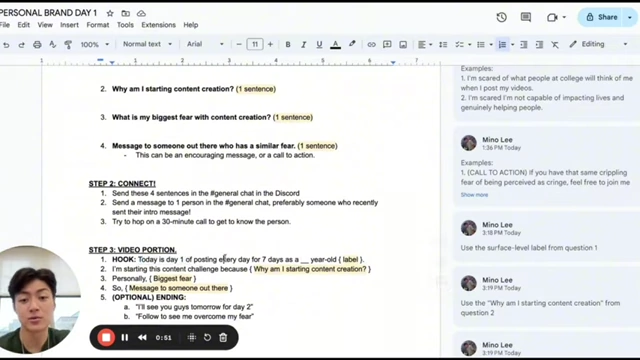 A Google Docs screenshot displaying the Mad Libs-style video script template for Day 1.