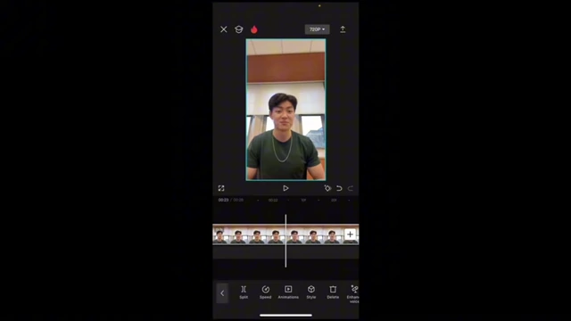 The CapCut editing interface showing video clips in the timeline, with controls for splitting and trimming.