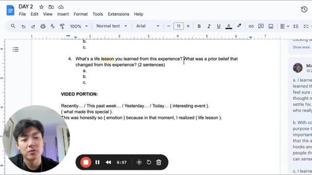 A Google Docs screenshot showing the four self-reflective questions for Day 2, including the prompt for 'life lesson'.