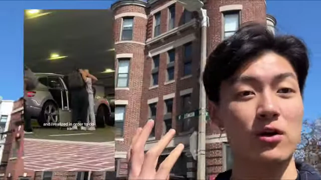 The speaker walking outside with B-roll clips playing in an overlay, demonstrating the 'message to younger self' video format.