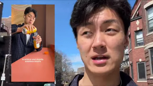 The speaker outside with a B-roll clip playing in an overlay, showing someone pouring a drink.
