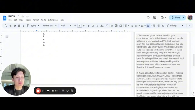 A Google Docs screenshot showing an example of a detailed response to a younger self's doubt, part of the Day 3 scripting process.