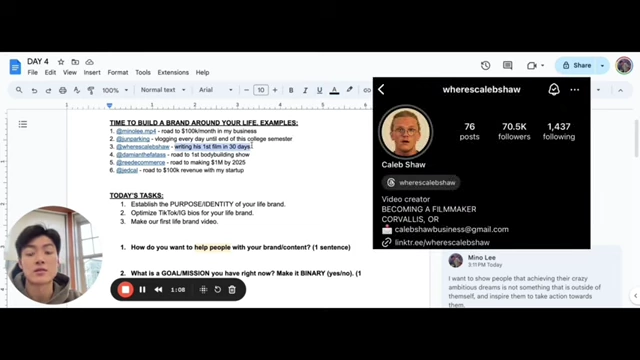 An Instagram profile screenshot for @wherescalebshaw, indicating "BECOMING A FILMMAKER" and "writing his 1st film in 30 days."