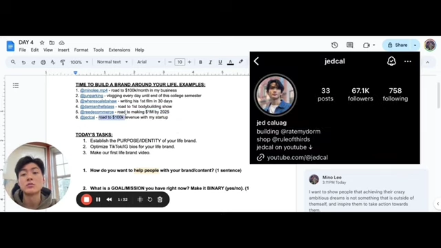 An Instagram profile screenshot for @jedcal, showing "building @ratemydorm" and "road to $100k revenue with my startup."