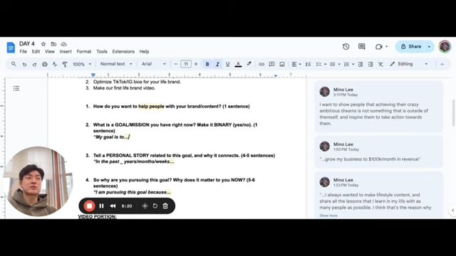 A Google Docs screenshot showing the questions for Day 4, including the personal story and deep motivation.