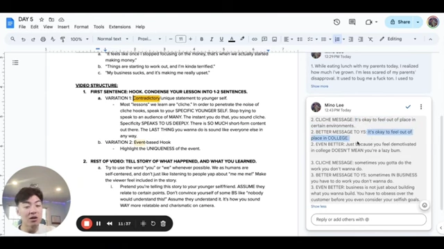 A Google Docs screenshot demonstrating how to refine a cliche hook into a specific, engaging statement for a younger self.