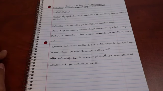 A handwritten script in a notebook, outlining the problem, solution, objection, and information for a video on self-control.
