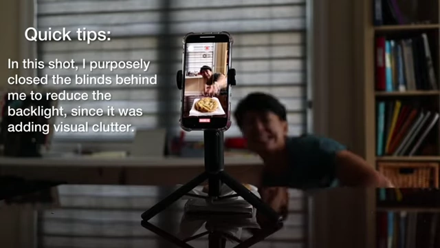 Quick tips for B-roll filming, showing the speaker filming a cookie with blinds closed to reduce backlight.