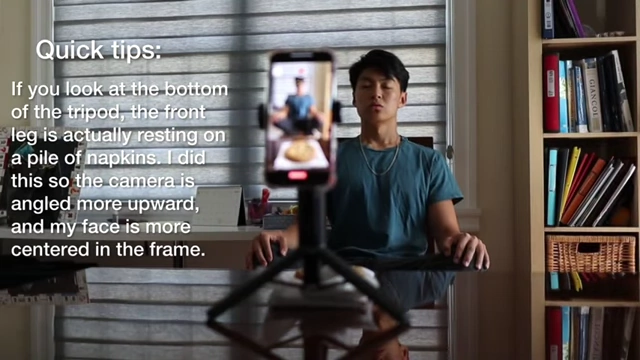 Quick tips for B-roll filming, showing the tripod elevated with napkins to center the face in the frame.